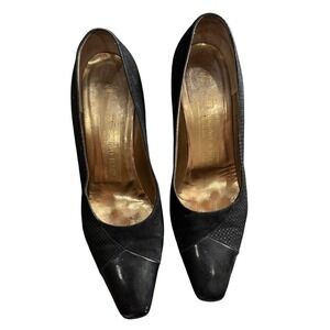 Bruno Magli Womens Black Suede Leather Cap Toe Block Heel Pumps Made in Italy 7